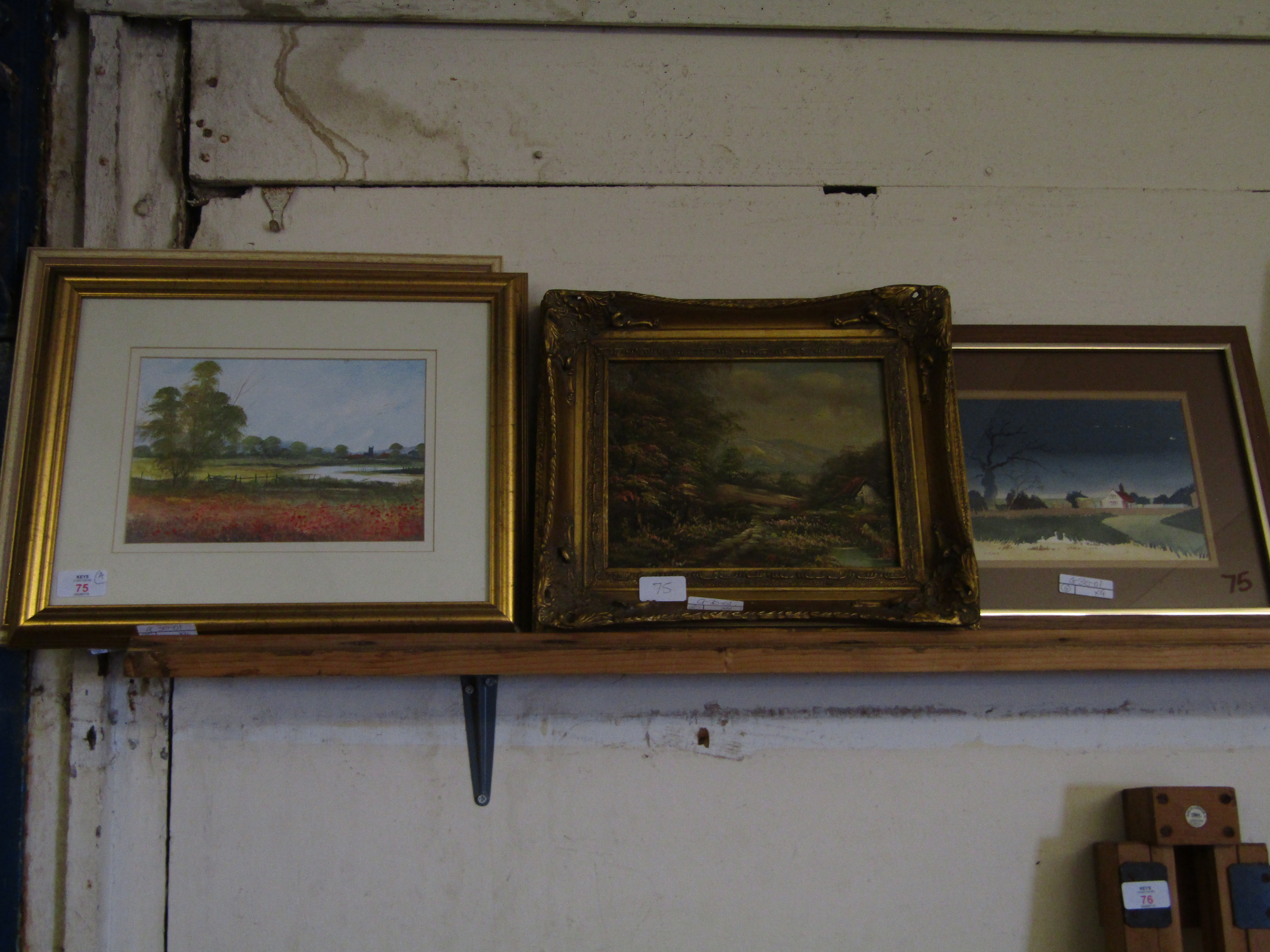 MA COLE WATERCOLOUR A CONTINENTAL GILT FRAMED OIL ON BOARD AND TWO FURTHER PRINTS (4)