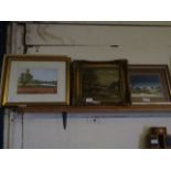 MA COLE WATERCOLOUR A CONTINENTAL GILT FRAMED OIL ON BOARD AND TWO FURTHER PRINTS (4)