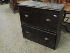 PINE FRAMED NARROW TWO DRAWER CHEST WITH BRASS CUP HANDLES AND QTY OF MIXED PICTURE FRAMES ETC