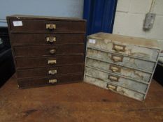 TWO CARDBOARD FRAMED TABLE TOP STORAGE BOXES ONE WITH FIVE DRAWERS THE OTHER WITH 6 (2)