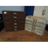 TWO CARDBOARD FRAMED TABLE TOP STORAGE BOXES ONE WITH FIVE DRAWERS THE OTHER WITH 6 (2)