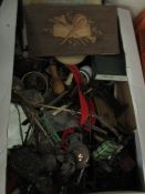 BOX ASSORTED ODDS TO INCLUDE A MATCHBOX HOLDER, STETHOSCOPE, BRASS WARES ETC