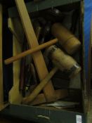 BOX TREEN, HAMMERS, CLAMPS, LAMP ETC