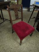 EDWARDIAN MAHOGANY NURSING CHAIR WITH DRALON UPHOLSTERED SEAT AND CARVED AND PIERCED BACK PANEL ON