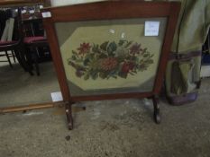 TEAK FRAMED EMBROIDERED FIRE SCREEN WITH FLORAL EMBROIDERY