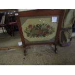 TEAK FRAMED EMBROIDERED FIRE SCREEN WITH FLORAL EMBROIDERY