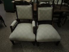 EDWARDIAN WALNUT HI AND HERS ARMCHAIRS WITH CARVED TOP RAIL AND SPINDLE BACKS