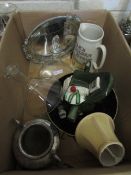 BOX CONTAINING SILVER PLATED TWO HANDLED SUGAR BOWL, OVAL TRAY, DECANTER ETC