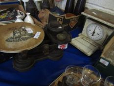 VINTAGE SET OF CAST IRON SCALES AND A SET OF SHOP SCALES (2)