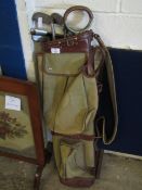 VINTAGE GOLF BAG WITH GOLF CLUBS AND FURTHER SHOOTING STICK