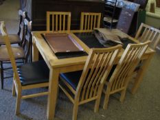 OAK FRAMED KITCHEN DINING TABLE WITH THREE SECTION GRANITE TOP TOGETHER WITH A SET OF SIX