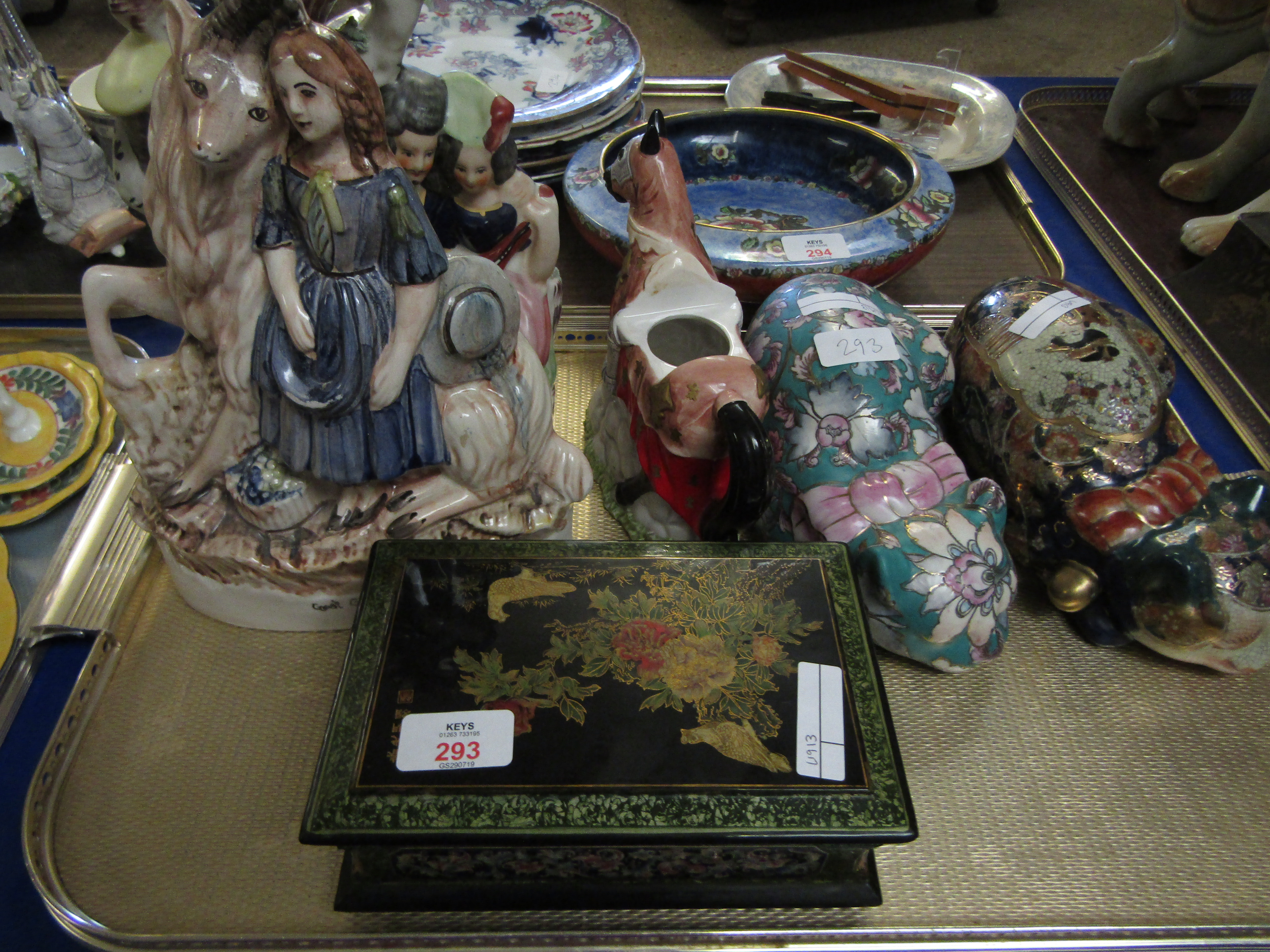 STAFFORDSHIRE TYPE FIGURES, A LACQUERED JEWELLERY BOX ETC