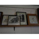 FRAMED ETCHING TOGETHER WITH TWO BLACK AND WHITE FRAMED PRINTS AND TWO MODERN PINED FRAMED