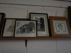 FRAMED ETCHING TOGETHER WITH TWO BLACK AND WHITE FRAMED PRINTS AND TWO MODERN PINED FRAMED