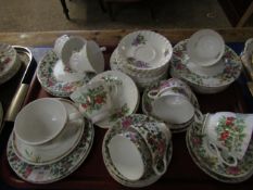 TRAY MIXED CROWN STAFFORDSHIRE PART TEA WARES, DECORATIVE CUPS AND SAUCERS ETC