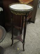 FRENCH MARBLE TOP PLANT STAND WITH BRASS GALLERY SUPPORTED BY THREE REEDED LEGS