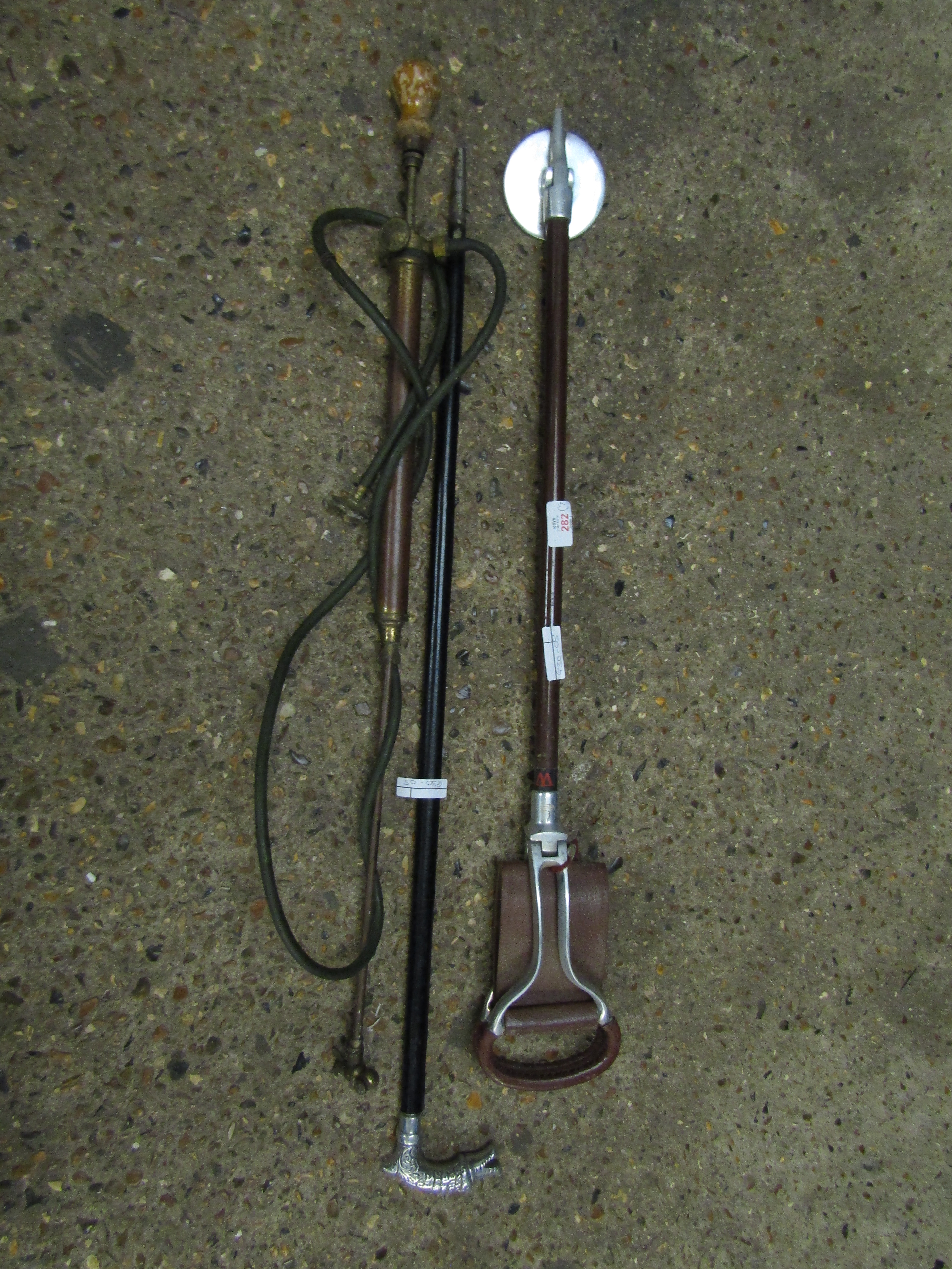 EBONISED PLATED HANDLED WALKING STICK, SHOOTING STICK AND SPRAYER