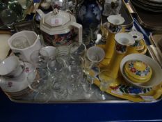 TRAY YELLOW RIMMED AND FLORAL DRESSING TABLE WARES, GLASS WARES, HEXAGONAL FORMED TEA POT AND