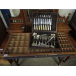 TWO PRINTING TRAYS AND A FURTHER OAK CUTLERY SET WITH BONE HANDLES