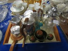 FOUR PIECE RETRO PICQUET WARE TEA SET, GLASS LAMP ETC