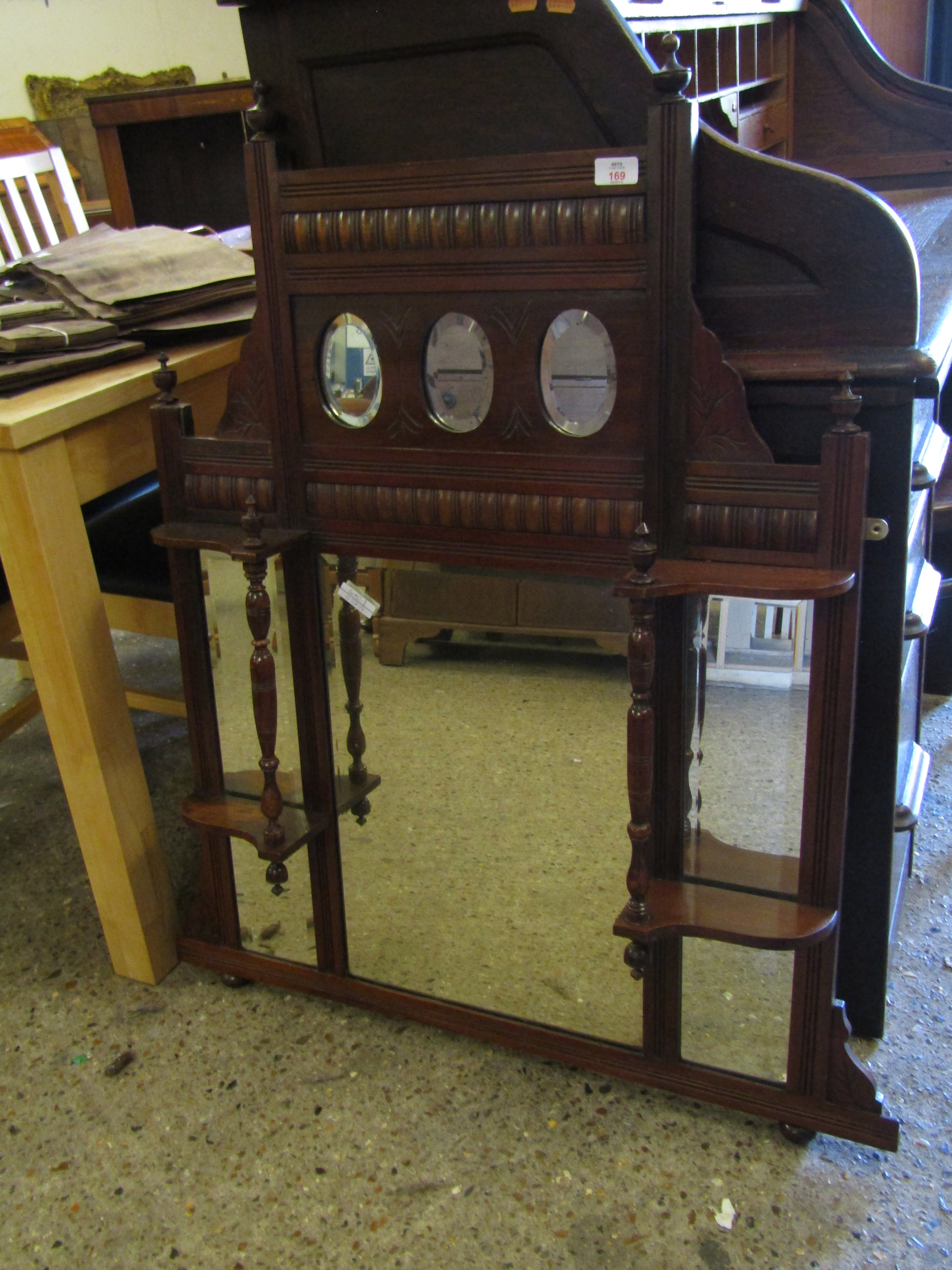 EDWARDIAN WALNUT EIGHT MIRRORED OVER MANTLE MIRROR WITH OPEN SHELVES