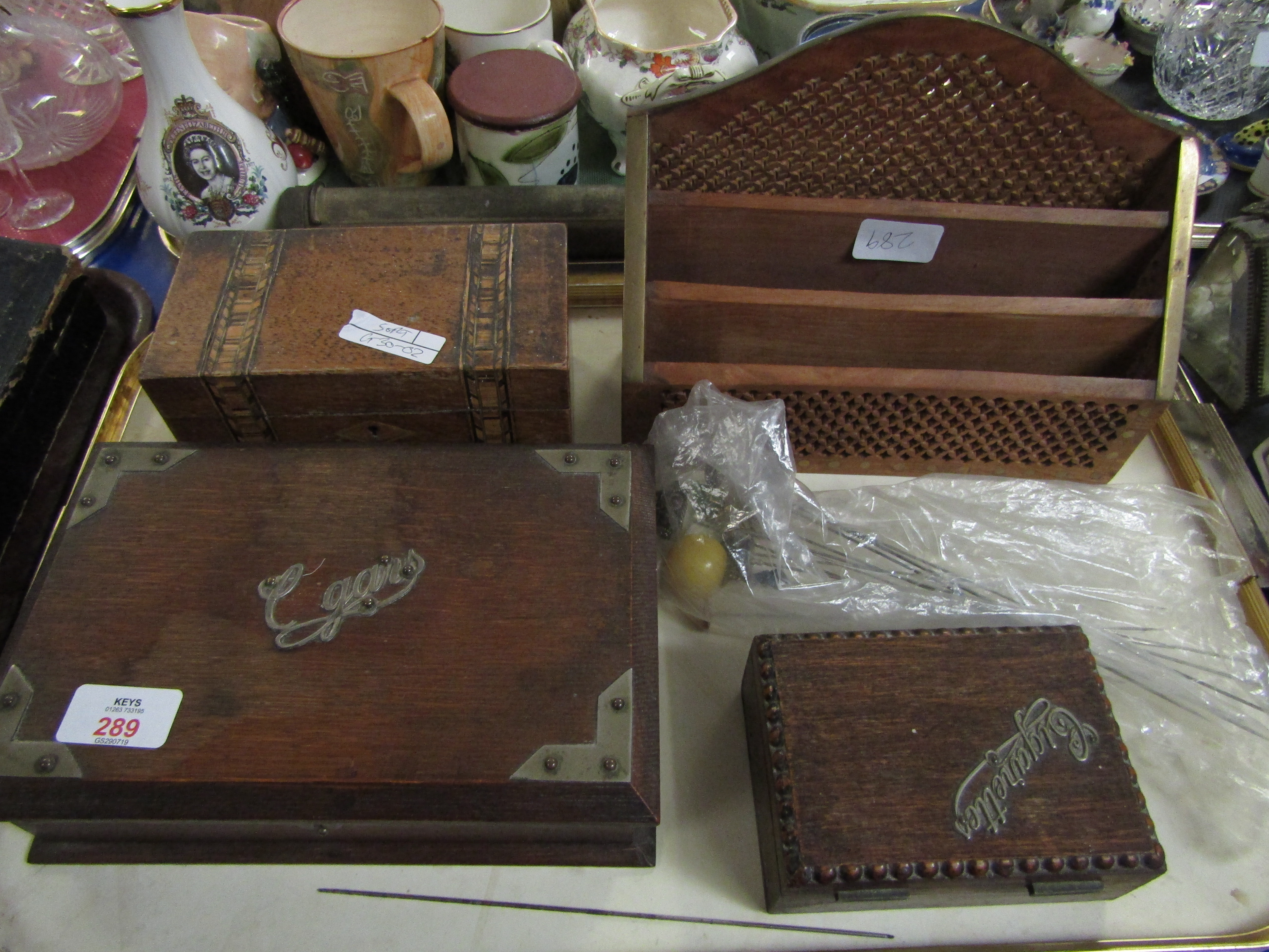 EASTERN HARDWOOD PIERCED LETTER RACK A FURTHER OAK CIGAR BOX AND TUNBRIDGE WARE BOX