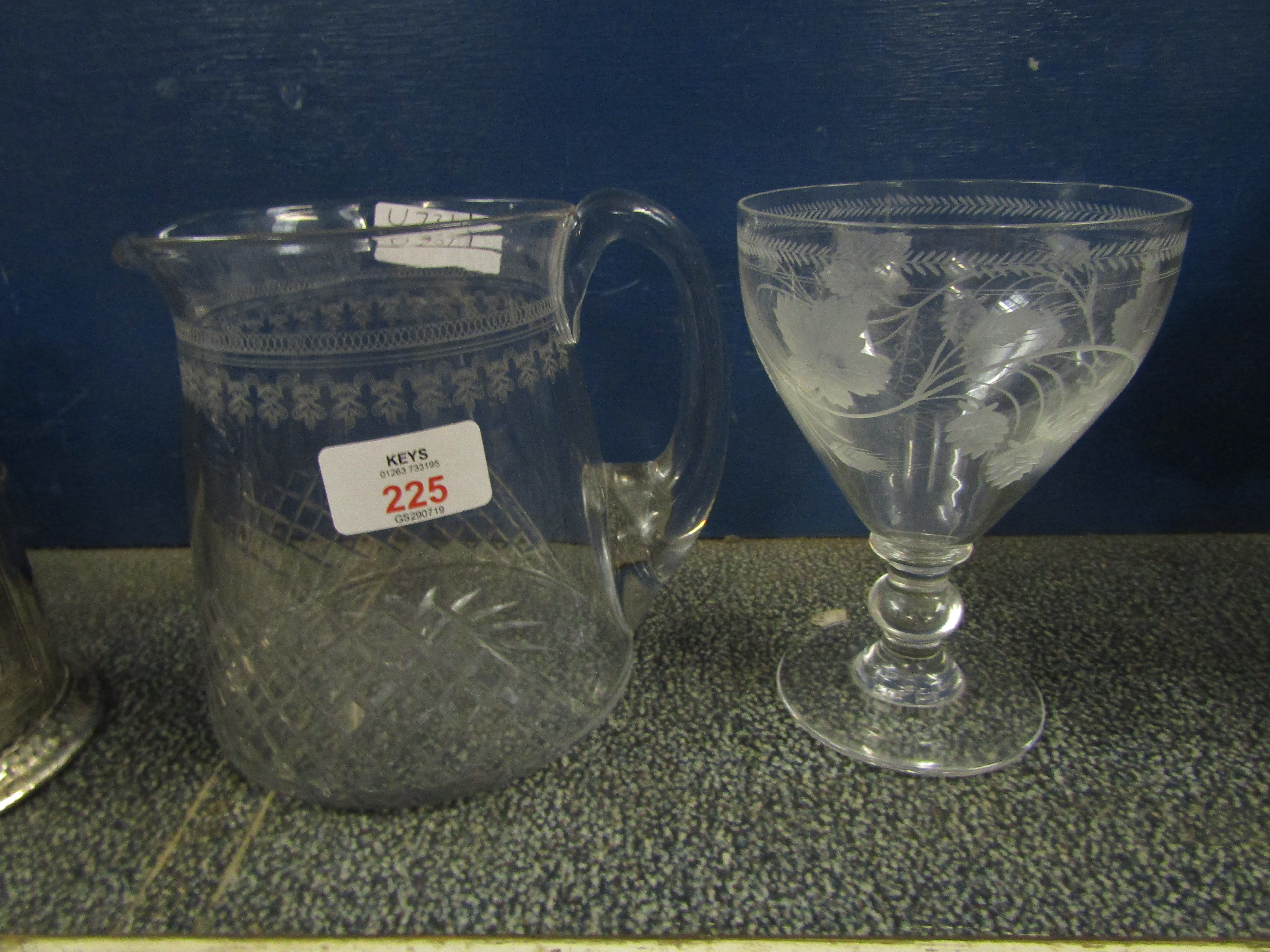 EARLY 20TH CENTURY ETCHED JUG TOGETHER WITH 19TH CENTURY ETCHED GOBLET (2)
