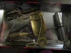 TIN CONTAINING ASSORTED HORSE SHOES, DRAWING INSTRUMENTS ETC