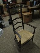 ARTS AND CRAFTS TYPE LADDER BACK ARMCHAIR WITH RATAN SEAT