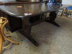 GOOD QUALITY DARK STAINED ERCOL REFECTORY TYPE TABLE WITH SHAPED ENDS