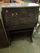 OAK FRAMED DROP FRONTED LADIES BUREAU WITH GEOMETRIC DROP FITTED WITH FULL WIDTH DRAWER AND OPEN