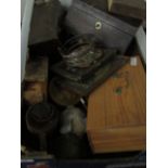 BOX ASSORTED ODDS TO INCLUDE A PINE TABLE TOP BOX, SLOPE FRONTED BOX, ASSORTED VINTAGE BUTTONS,