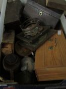 BOX ASSORTED ODDS TO INCLUDE A PINE TABLE TOP BOX, SLOPE FRONTED BOX, ASSORTED VINTAGE BUTTONS,