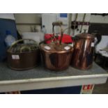COPPER KETTLE, A HOT WATER JUG AND A PAN (3)