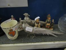 TWO GOBLE FIGURES, TWO SILVER PLATED PHEASANTS, CONTINENTAL FIGURE ETC