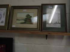 GILT FRAMED MIXED MEDIA OF A WHERRY TOGETHER WITH SAILING ON THE BROADS PRINT (2)