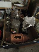 BOX CONTAINING SILVER PLATED CLARET JUG, ASSORTED CANDLE STANDS, DOVE ORNAMENTS ETC