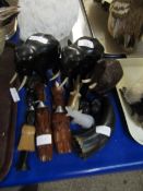 MIXED LOT CONTAINING TWO EBONY ELEPHANTS, CARVED ORNAMENTS ETC