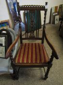 EARLY 20TH CENTURY OAK FRAMED BARLEY TWIST ARMCHAIR WITH STRIPED DROP IN SEAT