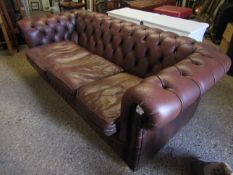 GOOD QUALITY BROWN REXINE COVERED THREE SEATER CHESTERFIELD TYPE SOFA