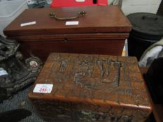 CHINESE HARDWOOD TABLE TOP BOX TOGETHER WITH A MAHOGANY FORMED BOX WITH BRASS SWING HANDLE (2)