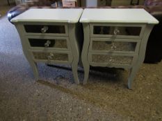 PAIR OF BLUE PAINTED MIRROR FRONT THREE DRAWER BEDSIDE CHESTS