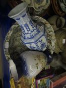 MODERN BLUE AND WHITE ORIENTAL VASE, A BIRD DECORATED WASH JUG AND FURTHER VICTORIAN VASE (3)