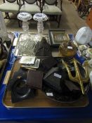 TRAY CONTAINING A BRASS TRIDENT, EBONISED PICTURE FRAMES, PAIR OF GLASS LUSTRES ETC (2)