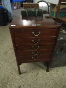 LATE 19TH CENTURY MAHOGANY MUSIC CABINET OF CANTED RECTANGULAR FORM, THE FIVE DRAWERS ALL WITH