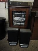 AIWA STACK SYSTEM AND SPEAKERS IN AN OAK EFFECT MUSIC CABINET