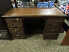 GOOD QUALITY OAK TWIN PEDESTAL DESK, EACH PEDESTAL WITH FOUR DRAWERS WITH CUP HANDLES AND LEATHER