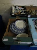 TWO BOXES OF MIXED MODERN ORNAMENTS, DUTCH TILE ORNAMENTS, BLUE AND WHITE PRINTED PLATES (2)