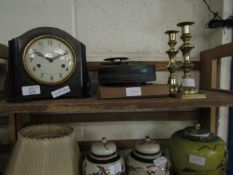 BAKELITE FRAMED SMITH'S MANTEL CLOCK TOGETHER WITH ASSORTED REELS AND A PAIR OF BRASS CANDLESTICKS