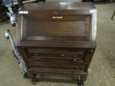 EARLY 20TH CENTURY OAK FRAMED BUREAU WITH DROP FRONT FITTED WITH FULL WIDTH DRAWERS ON CARVED STAND